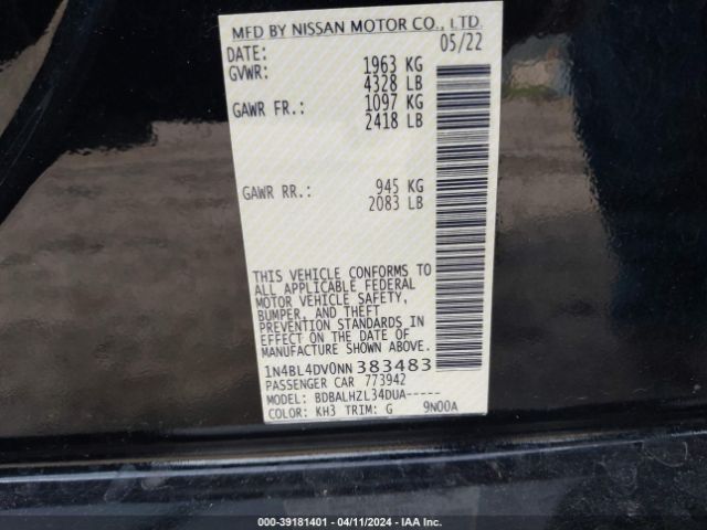 1N4BL4DV0NN383483 Nissan Altima Sv Fwd