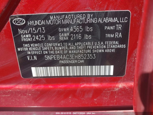 Hyundai SONATA GLS 2014 5NPEB4AC3EH852353 Image 9