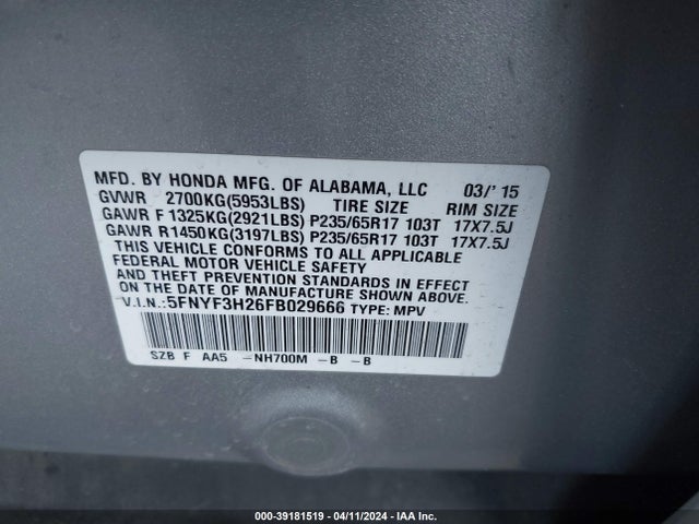 Honda PILOT LX 2015 5FNYF3H26FB029666 Image 9