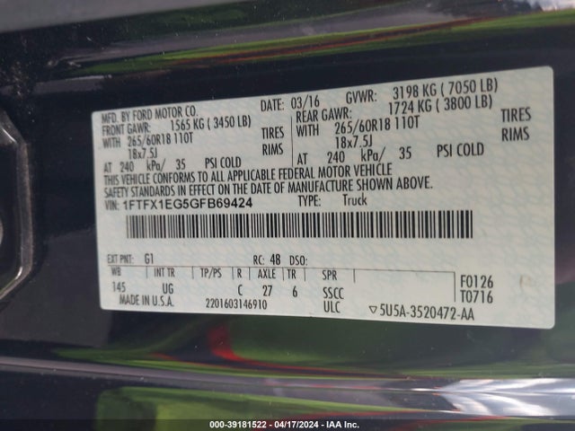 Ford F-150 Xlt 2016 1FTFX1EG5GFB69424 Image 9