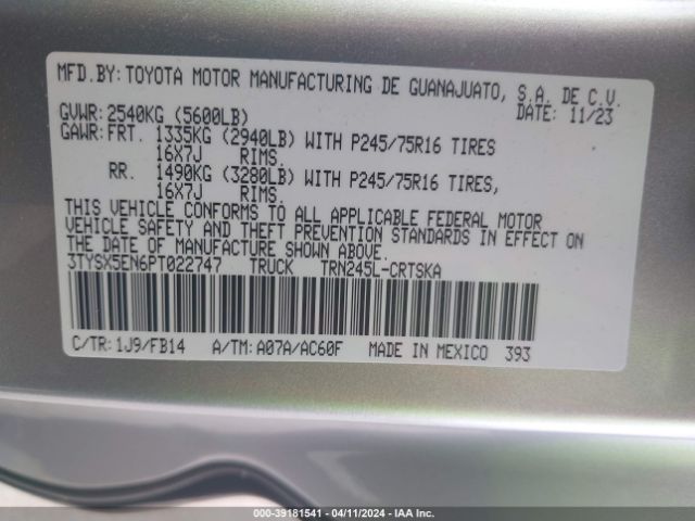 3TYSX5EN6PT022747 Toyota Tacoma Sr