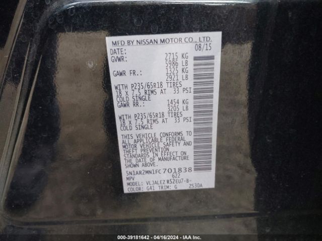 5N1AR2MN1FC701838 Nissan Pathfinder Sv