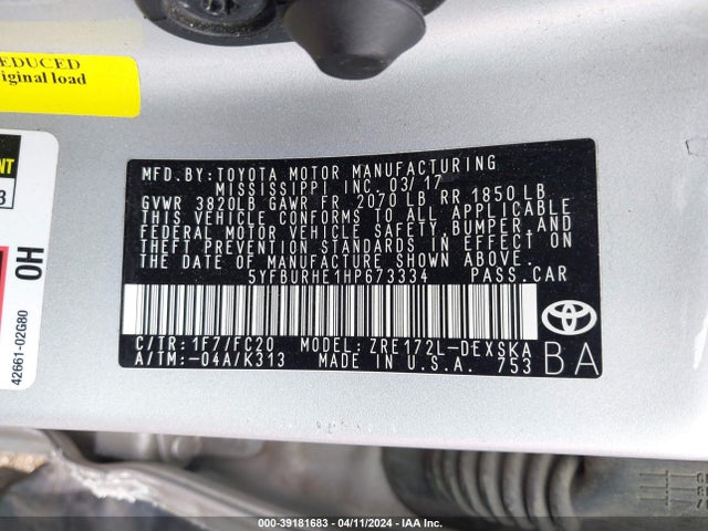 Toyota COROLLA SE 2017 5YFBURHE1HP673334 Image 9