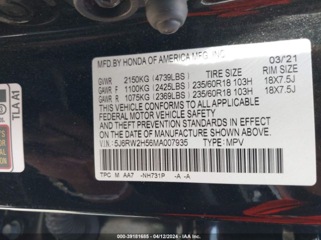 5J6RW2H56MA007935 Honda Cr-v Awd Ex