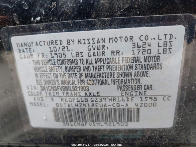 Nissan Versa Sr Xtronic Cvt 2021 3N1CN8FV5ML921903 Image 9