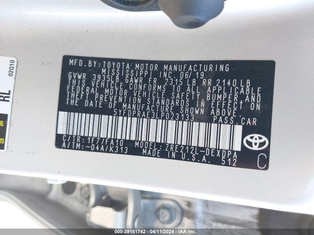 Toyota COROLLA L 2020 5YFDPRAE3LP023133 Image 9