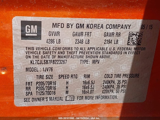 Chevrolet Trax Lt 2015 KL7CJLSB7FB223267 Image 9