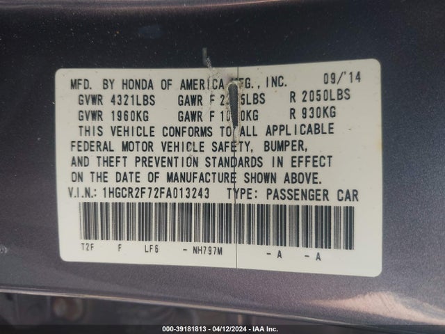 Honda ACCORD EX 2015 1HGCR2F72FA013243 Image 9