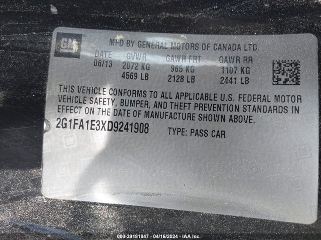 39181847 :رقم المزاد ، 2G1FA1E3XD9241908 vin ، 2013 Chevrolet Camaro 2ls مزاد بيع