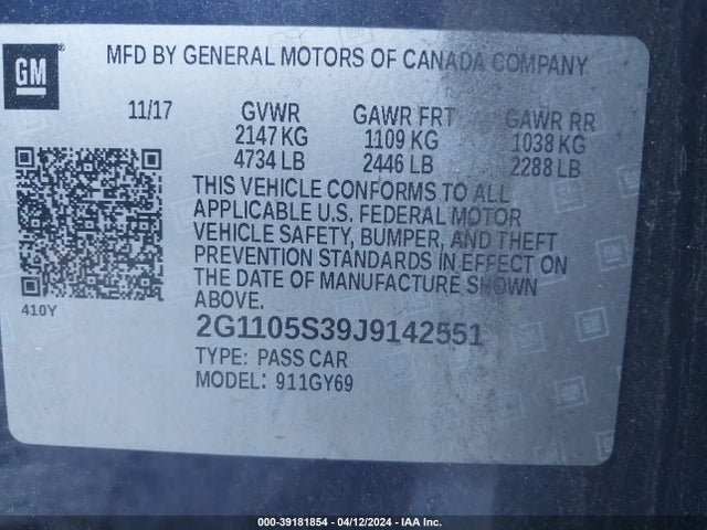 Chevrolet IMPALA 1LT 2018 2G1105S39J9142551 Image 9