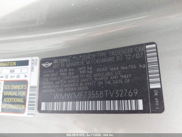 2008 MINI COOPER S WMWMF73558TV32769 Photo 8