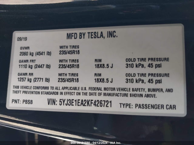 Tesla Model 3 Long Range/mid Range/standard Range/standard Range Plus 2019 5YJ3E1EA2KF426721 Image 9