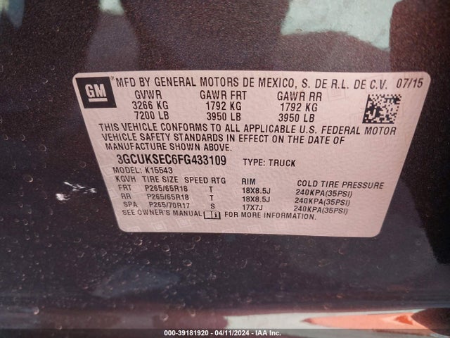 Chevrolet Silverado 1500 2lz 2015 3GCUKSEC6FG433109 Image 9