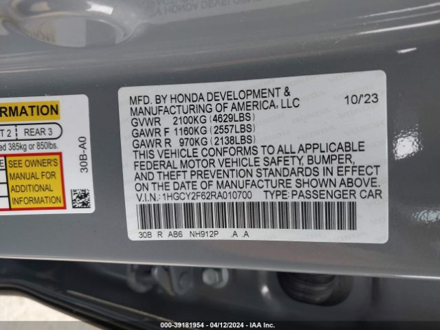 1HGCY2F62RA010700 Honda Accord Hybrid Ex-l
