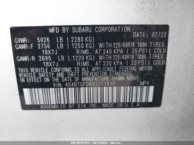 4S4BTGPD6N3271910 Subaru Outback Touring Xt