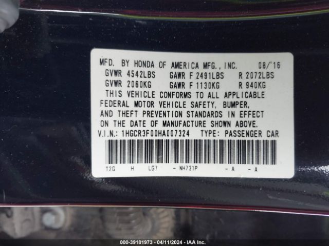 1HGCR3F00HA007324 Honda Accord Ex-l V6