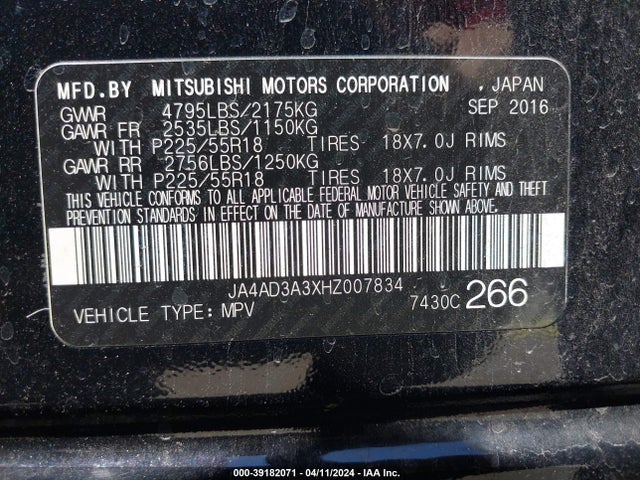JA4AD3A3XHZ007834 Mitsubishi Outlander Se/sel