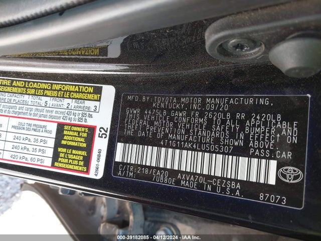 Toyota CAMRY SE 2020 4T1G11AK4LU505307 Image 9