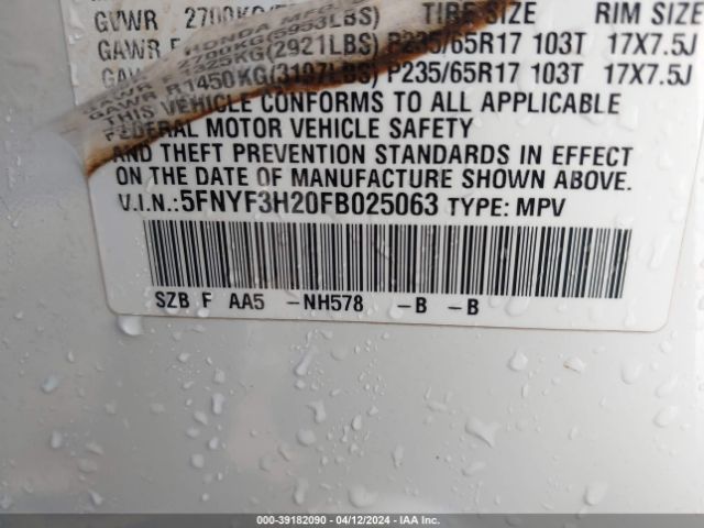 5FNYF3H20FB025063 Honda PILOT LX