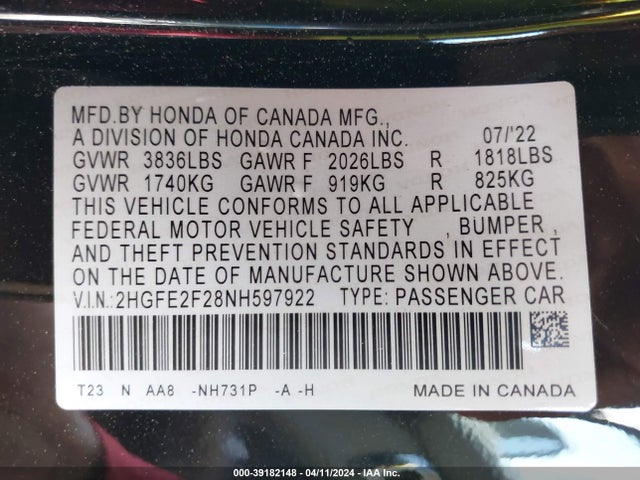 Honda Civic Lx 2022 2HGFE2F28NH597922 Image 9