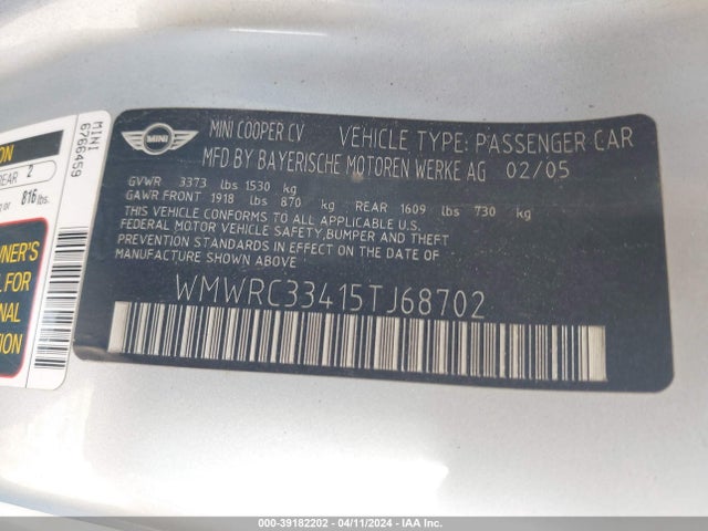 2005 MINI COOPER WMWRC33415TJ68702 Photo 8