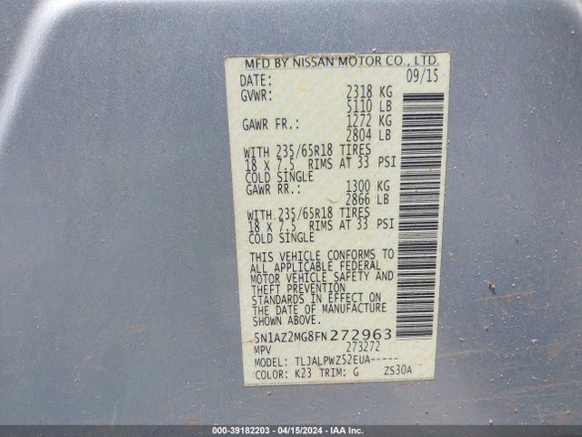 Nissan MURANO S 2015 5N1AZ2MG8FN272963 Image 9
