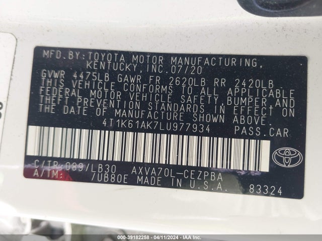 Toyota CAMRY XSE 2020 4T1K61AK7LU977934 Image 9