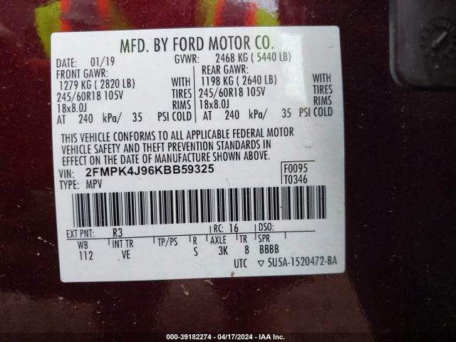 Ford EDGE SEL 2019 2FMPK4J96KBB59325 Image 9