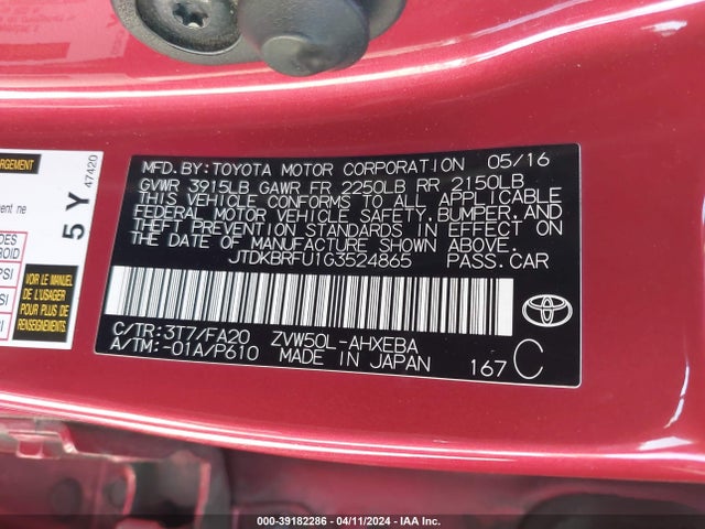 Toyota Prius Two 2016 JTDKBRFU1G3524865 Image 9