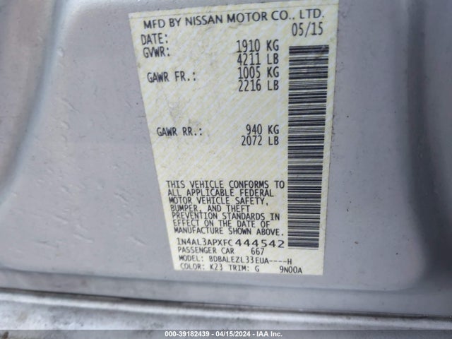 Nissan Altima 2.5 S 2015 1N4AL3APXFC444542 Image 9