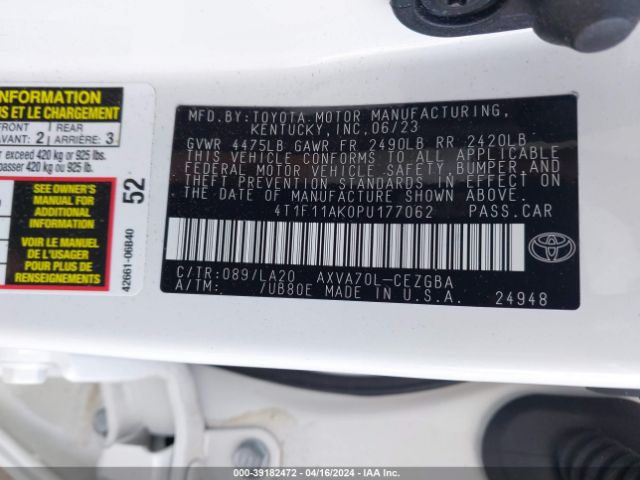 4T1F11AK0PU177062 Toyota CAMRY XLE