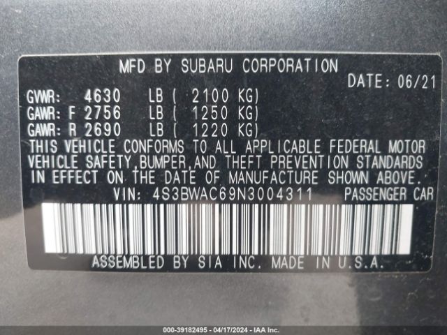 4S3BWAC69N3004311 Subaru Legacy Premium