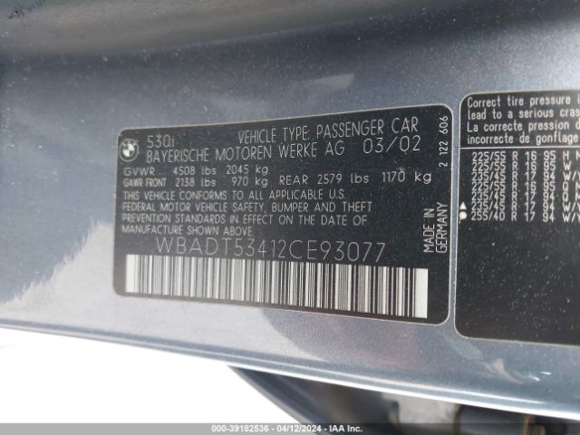 2002 BMW 530I WBADT53412CE93077 Photo 8