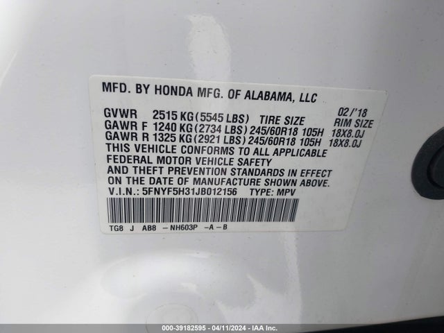 Honda Pilot Ex 2018 5FNYF5H31JB012156 Image 9
