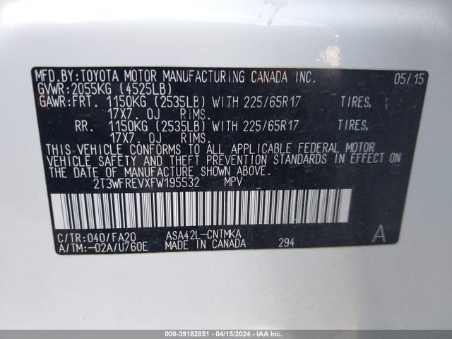 Toyota Rav4 Xle 2015 2T3WFREVXFW195532 Image 9