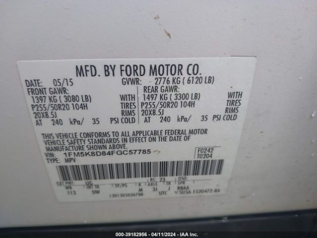 1FM5K8D84FGC57785 Ford EXPLORER XLT