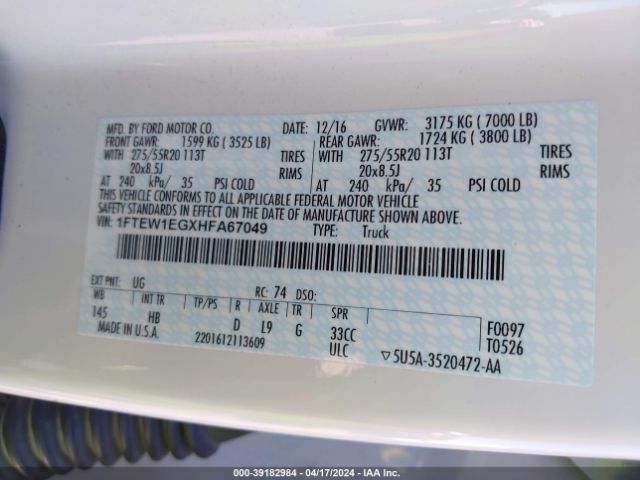 1FTEW1EGXHFA67049 Ford F-150 Lariat