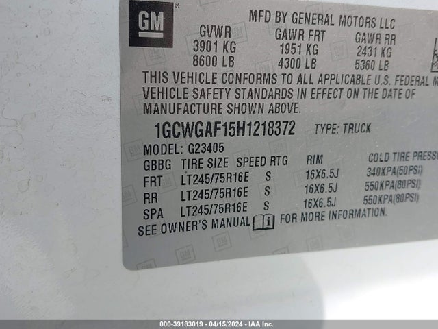 Chevrolet Express 2500 Work Van 2017 1GCWGAF15H1218372 Image 9