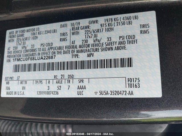 Ford ESCAPE S 2020 1FMCU0F68LUA22687 Image 9
