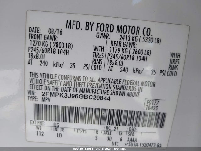 Ford EDGE SEL 2016 2FMPK3J96GBC29844 Image 9