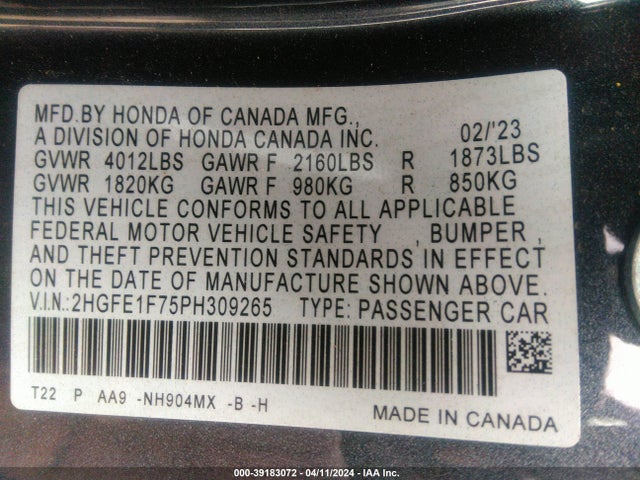 Honda Civic Ex /ex W/o Bsi 2023 2HGFE1F75PH309265 Image 9
