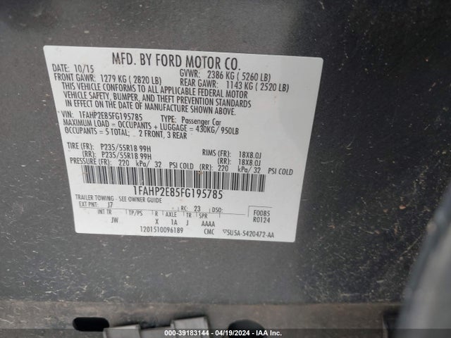 Ford TAURUS SEL 2015 1FAHP2E85FG195785 Image 9