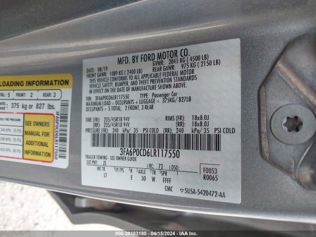 Ford FUSION SEL 2020 3FA6P0CD6LR117550 Image 9