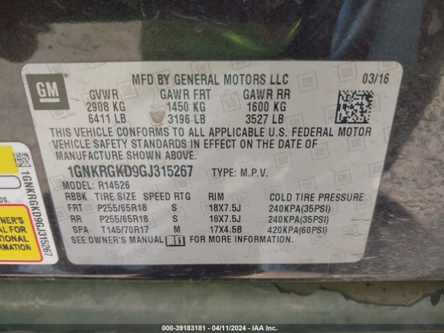 1GNKRGKD9GJ315267 Chevrolet Traverse 1lt
