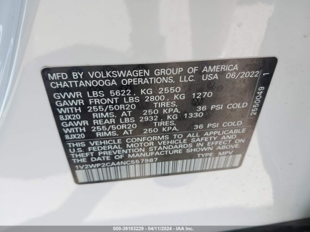 1V2WP2CA4NC557987 Volkswagen Atlas 2.0t Se W/technology