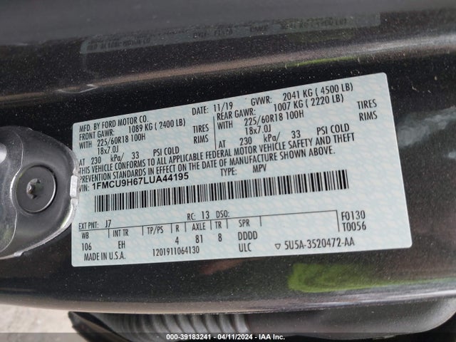 Ford ESCAPE SEL 2020 1FMCU9H67LUA44195 Image 9