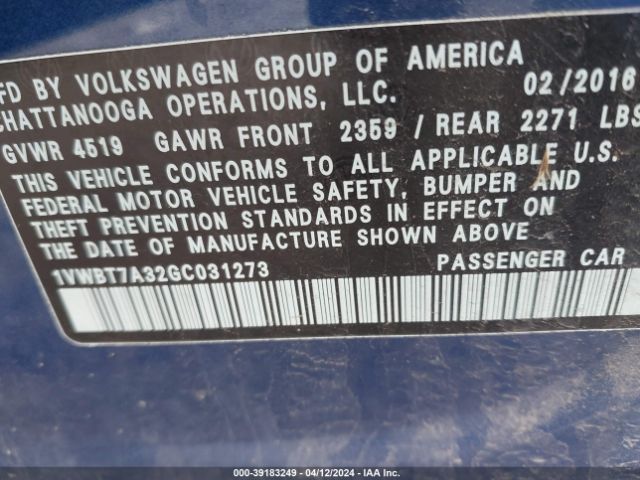 1VWBT7A32GC031273 Volkswagen Passat 1.8t Se