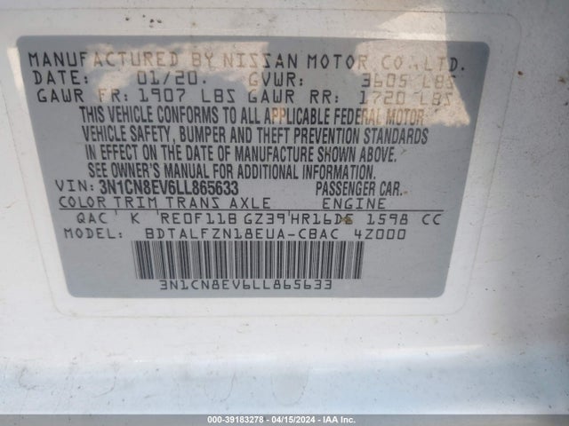 Nissan Versa Sv Xtronic Cvt 2020 3N1CN8EV6LL865633 Image 9