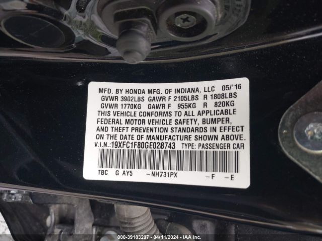 19XFC1F80GE028743 Honda Civic Ex-l
