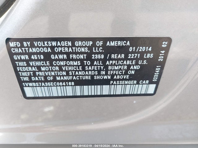 1VWBS7A35EC064168 Volkswagen Passat 1.8t Se